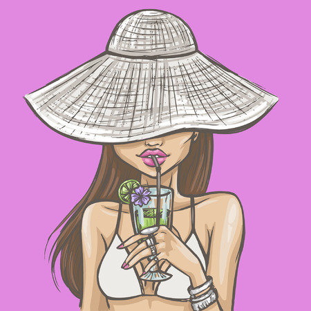 Sexy girl in hat drinks a cocktailのイラスト素材