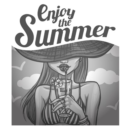 Retro style illustration with sexy girl in hat drinks a cocktailのイラスト素材