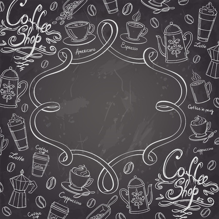 Coffee shop design frame. Stylized chalkboard coffee background. Vector illustration.のイラスト素材