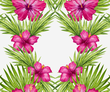 Watercolor hibiscus flower and palm leaves seamless pattern. Vector illustration.のイラスト素材