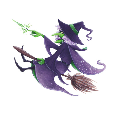 Halloween hand-drawn illustration. Evil Witch on the broom.の写真素材