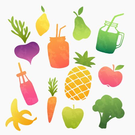 Raw fruits and vegetable smoothies and fresh juices. Healthy vegan food design set. Colorful vector shapes.のイラスト素材