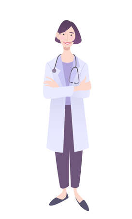 Friendly female physician standing with crossed hands. Doctor in a white coat wearing a stethoscope. Isolated on white vector illustration.のイラスト素材