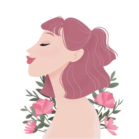 Beauty female portrait decorated with pink peonies flowers. Young woman avatar. Girl with pink hair. Vector illustrationのイラスト素材