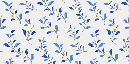 Seamless pattern with blue flowers and leaves. Floral background.のイラスト素材