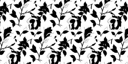 Seamless pattern with black silhouettes of leaves on a white backgroundのイラスト素材