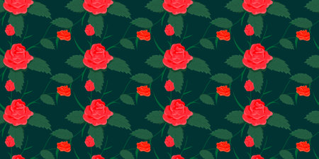 Seamless pattern with red roses on a dark green background.のイラスト素材