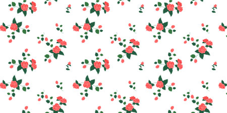 Seamless pattern with red roses and leaves on a white background.のイラスト素材