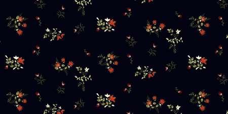 Beautiful floral pattern on black background. Ditsy chic flower. Find fill pattern on swacthesのイラスト素材