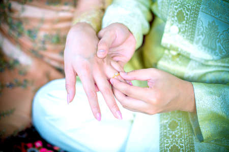 Groom putting a ring on bride