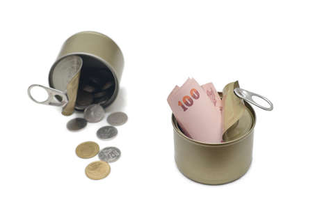 Canned Money , bank note and coin on white