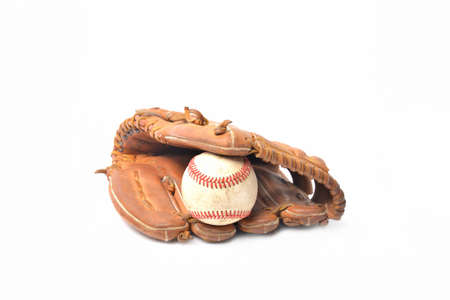 Baseball glove and ball isolated on whiteの写真素材