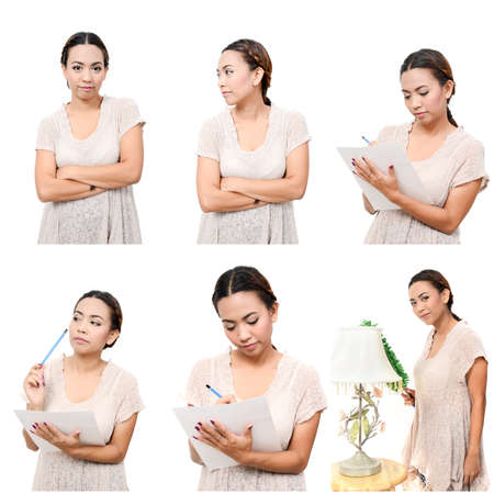 Beautiful young woman , mixed together, over whiteの写真素材