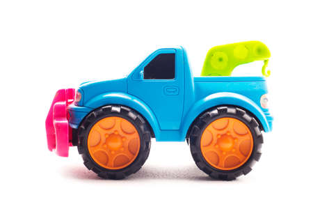 tow truck ,  car toy on white backgroundの写真素材