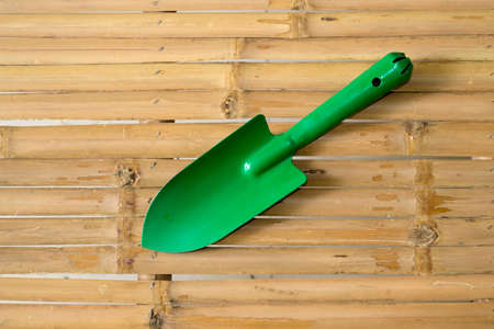 Green garden trowel on bamboo tableの写真素材