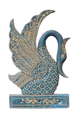 Decorative figurines, wooden swan isolated on white backgroundの写真素材