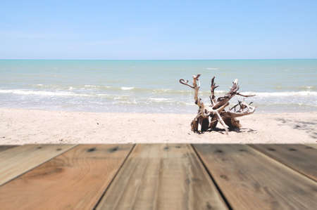 Wood planks floor with Blue Sky and Seaの写真素材