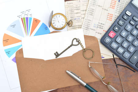 Envelope and financial documents with calculator.の写真素材