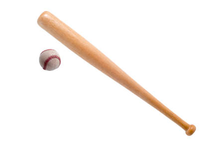 Closeup of baseball bat and ball on white background.の写真素材