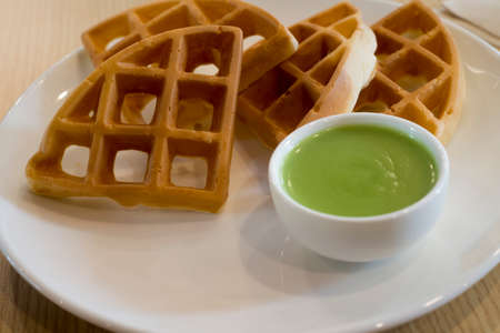 waffle with steamed custard sauce. (Thailand dessert)
