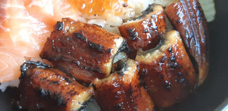Chirashi don. Japanese food mixed sashimi rice bowl. Unagi and salmon and ikura with Rice