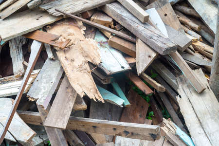 Pile of old wood chips , scrap wood - for Backgroundの写真素材