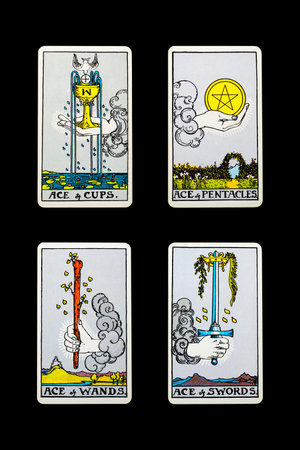 Yala Province, Thailand, 1 July 2022 - Ace of Swords, Ace of Wands, Ace of Cups, Ace of Pentacles. Tarot Card of Rider Waite deck.のeditorial素材