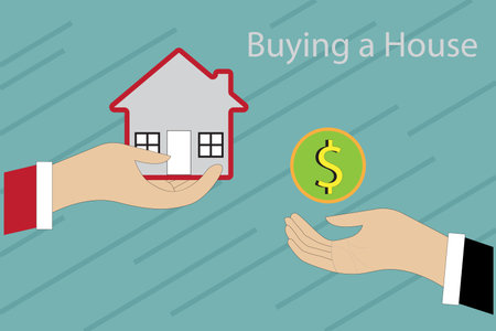 Human hand holding house and money isolated on background. conceptual property for sale  real estate conceptual. Vector illustration symbol.のイラスト素材