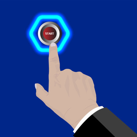 Hand press START button. On blue background. Innovation technology internet business concept.のイラスト素材