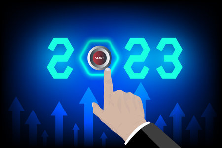 Businessman pointing START future button of year 2023. Development to success and growth concept. Businessman pressing Concept of new year 2023 start up business.のイラスト素材