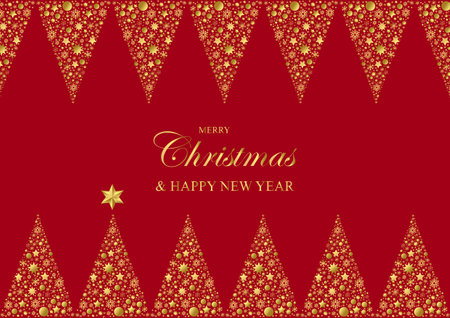 Christmas tree background with shining gold snowflakes, stars and balls. Merry Christmas and New Year card. Vector Illustration.のイラスト素材