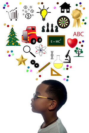 Boy wearing glasses standing with thinking about successful inside his head.