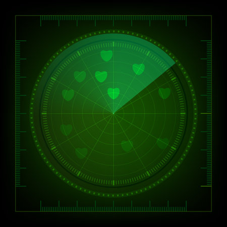 Green radar screen detects love. Displays a heart shape on a green screen. Valentine's Day . Love Radar.のイラスト素材