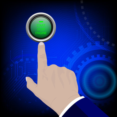 Hand press Start engine button on dark blue technology background. Innovation technology internet...