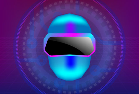 Abstract human face in augmented or virtual reality glasses. VR helmet. Metaverse technology concept.のイラスト素材