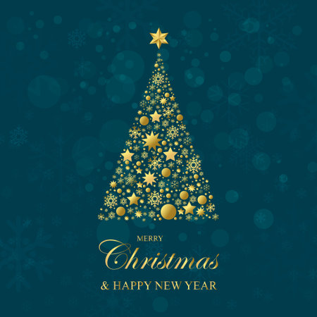 Merry Christmas Golden tree design with Snowflakes on red  background. Vector Illustration.のイラスト素材