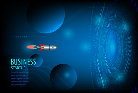 Rocket going to the target. Rocket space ship take off. Rocket launches in space flying. Business Startup Concept. Vector illustration.のイラスト素材