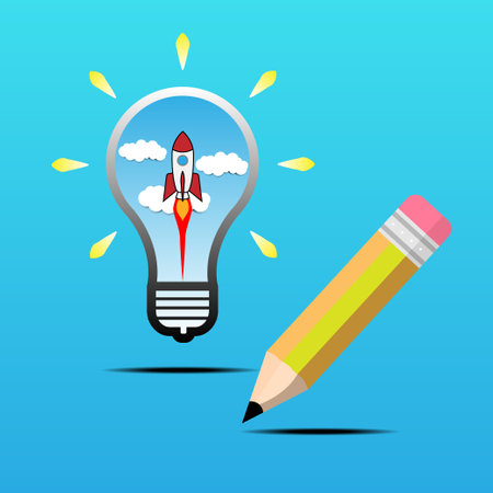 Yellow pencil and light bulb with rocket, great concept idea. vector illustrationのイラスト素材