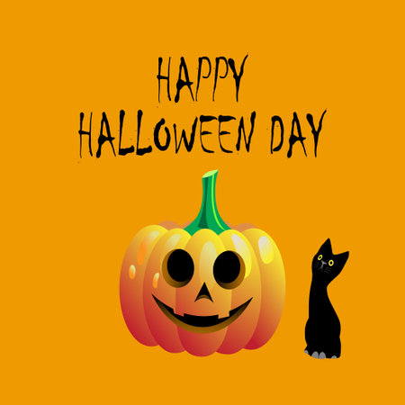 Happy Halloween Day. pumpkin smile spooky scary and black cat isolated on yellow background. vector illustrationのイラスト素材