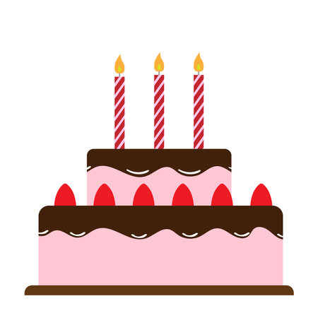 Strawberry birthday cake and three candles. Vector illustration