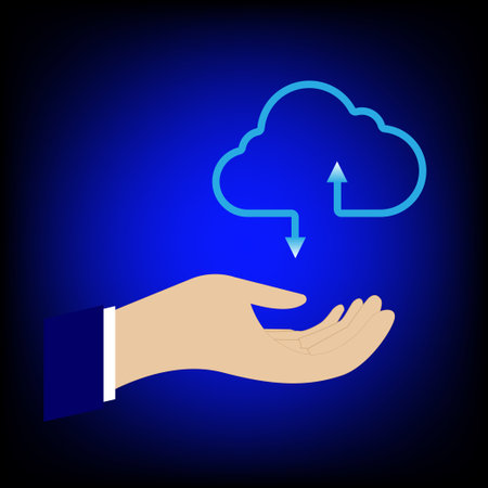 Businessman hand holding cloud technology transfer data information and upload download. Technology transformation concept.のイラスト素材