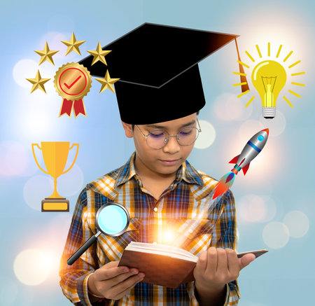 Smart boy with glasses and academic hat reading book thinking, imagining, icons of education.の写真素材