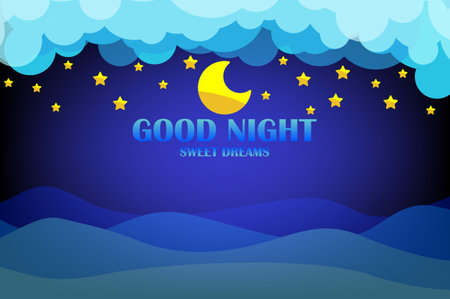 Good night and sweet dreams banner. Clouds on dark sky background with moon and stars. Vector illustration.のイラスト素材