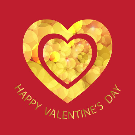 Gloden heart on red background. Greeting card design for Happy Valentines Day celebration.のイラスト素材