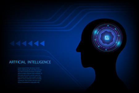 Artificial intelligence in humanoid head. AI with Digital Brain is learning processing Big data, Analysis Information. Face of cyber mind. Technology background concept.のイラスト素材