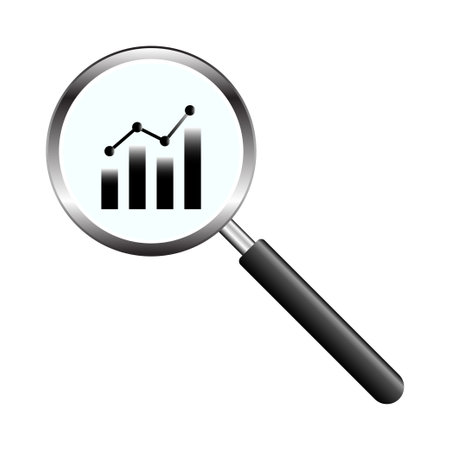 Marketing Research icon. Monitoring Icon Information Search Growing Graph analysis through Magnifier. Financial forecast, Analysis and predict, Business research. Vector illustrationのイラスト素材