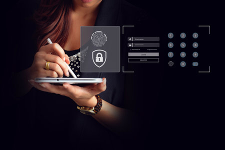 Cybersecurity concept. Secure cyber password protect, Encryption with a key lock icon on the virtual...
