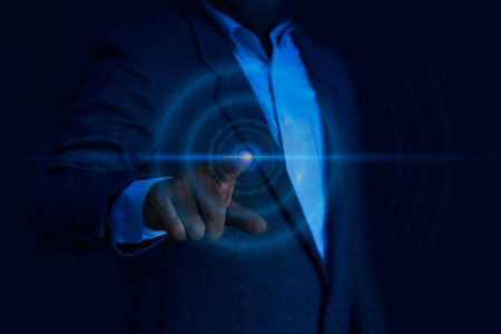 Businessman pressing button. Innovation technology internet and business concept.の写真素材