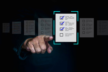 Businessman check and check mark on document online. Businessman tick off questionnaire, Business...