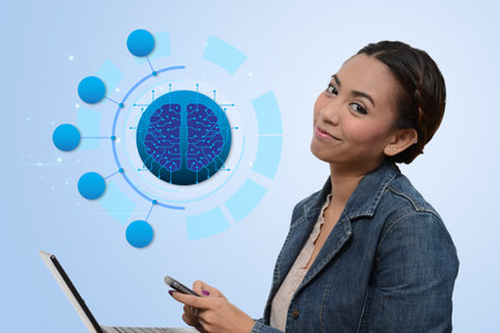 Businesswoman programmer using phone and laptop at office workplace. Digital hologram with brain....